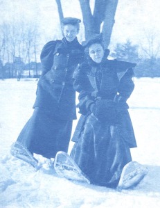 Cora and Clara on snowshoes, 1895